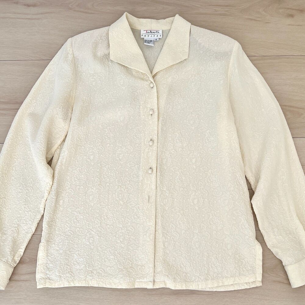 Vintage Talbots Petites 100% Silk Cream Floral Jacquard Blazer Blouse Size 6P